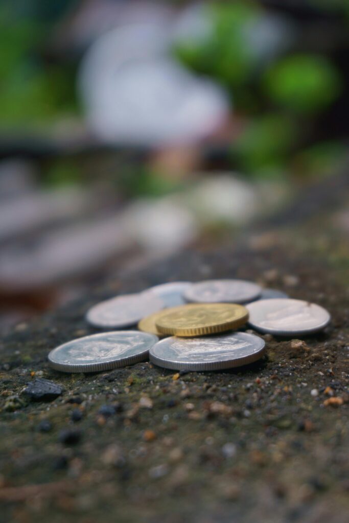 Blurred close-up of assorted coins scattered on textured ground outdoors, with greenery in the background.